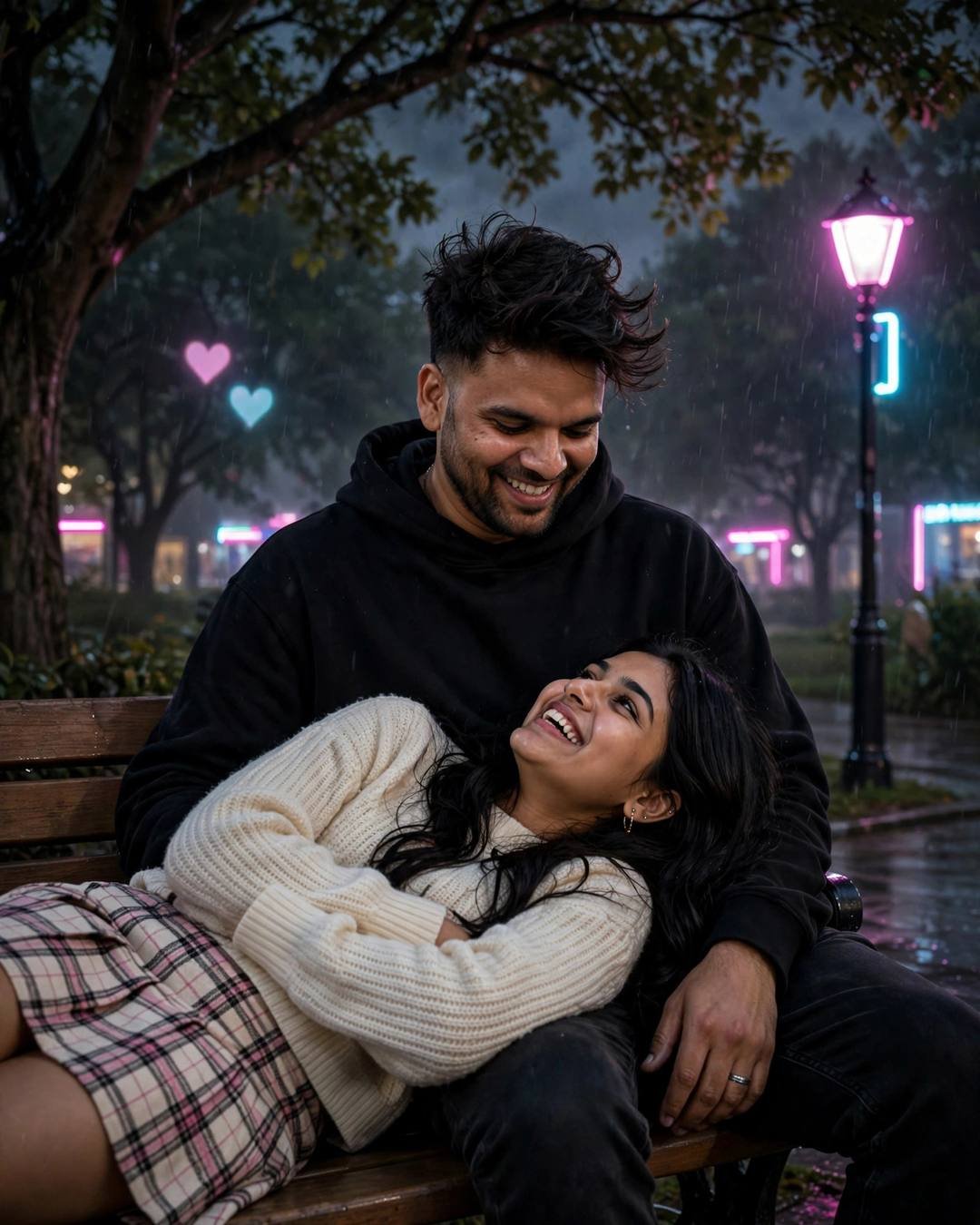 Young Indian couple laughing on a park bench at midnight in the rain, her head in his lap, neon lights glowing