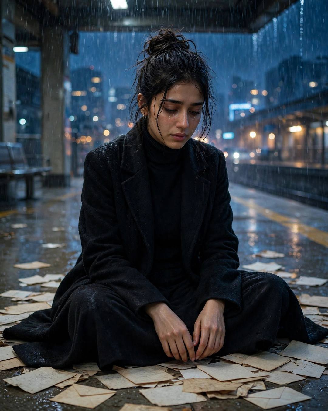 Young Indian woman in a black turtleneck and coat sitting cross-legged among old letters at a rainy metro station at midnight