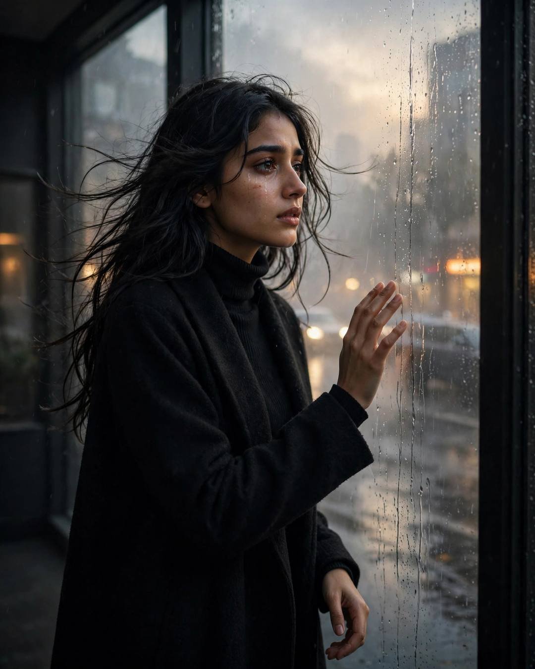 Young Indian woman in a black turtleneck and coat with her hand on a rain-streaked window, golden light behind
