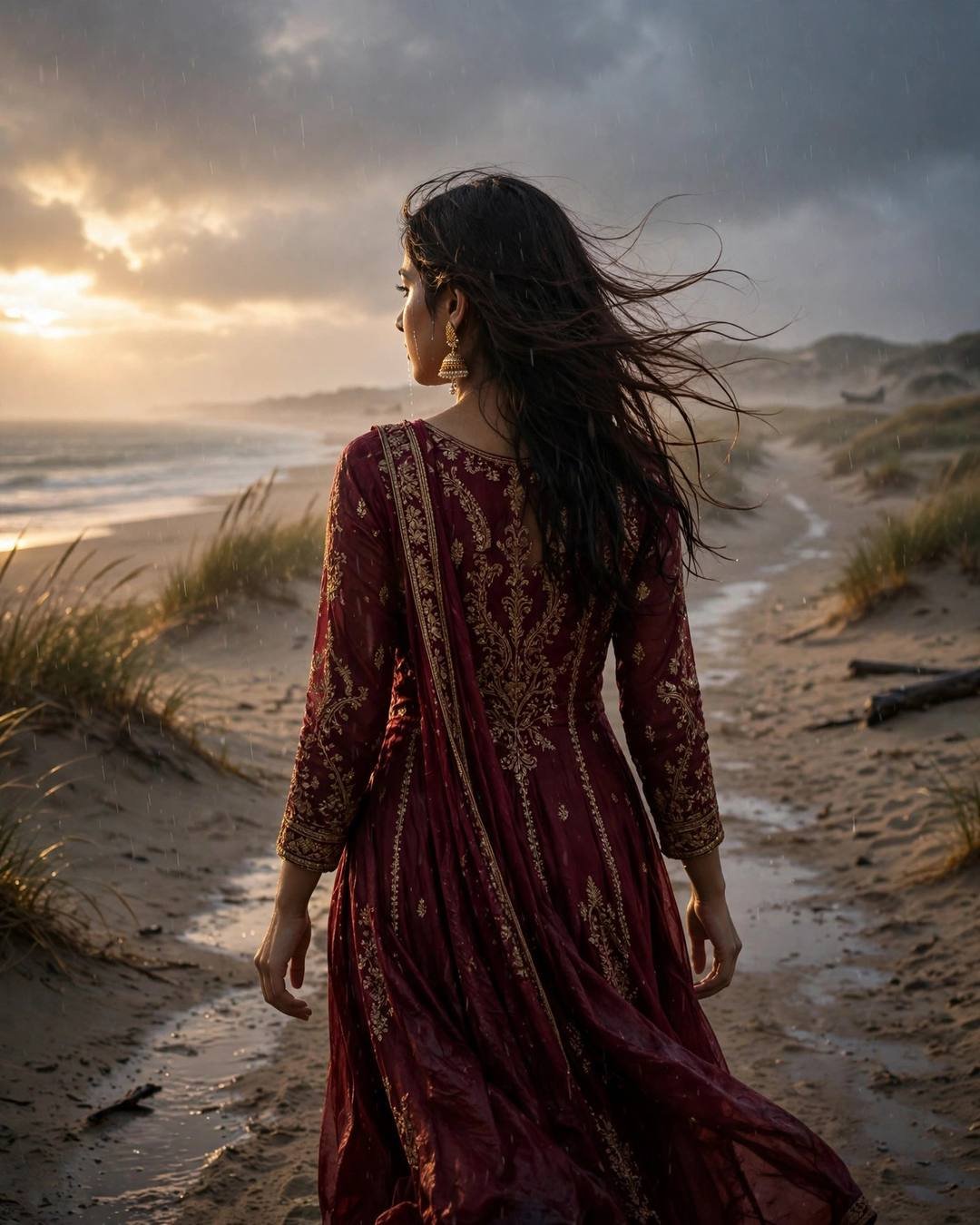Young Indian woman in a maroon embroidered anarkali with jhumkas walking away down a rainy beach path at dusk