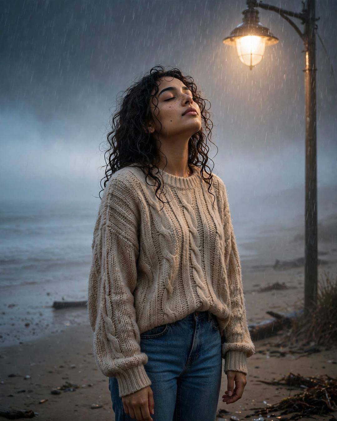 Young Indian woman in a beige cable-knit sweater standing under a streetlamp in rain on a deserted beach at dusk, face lifted to the sky