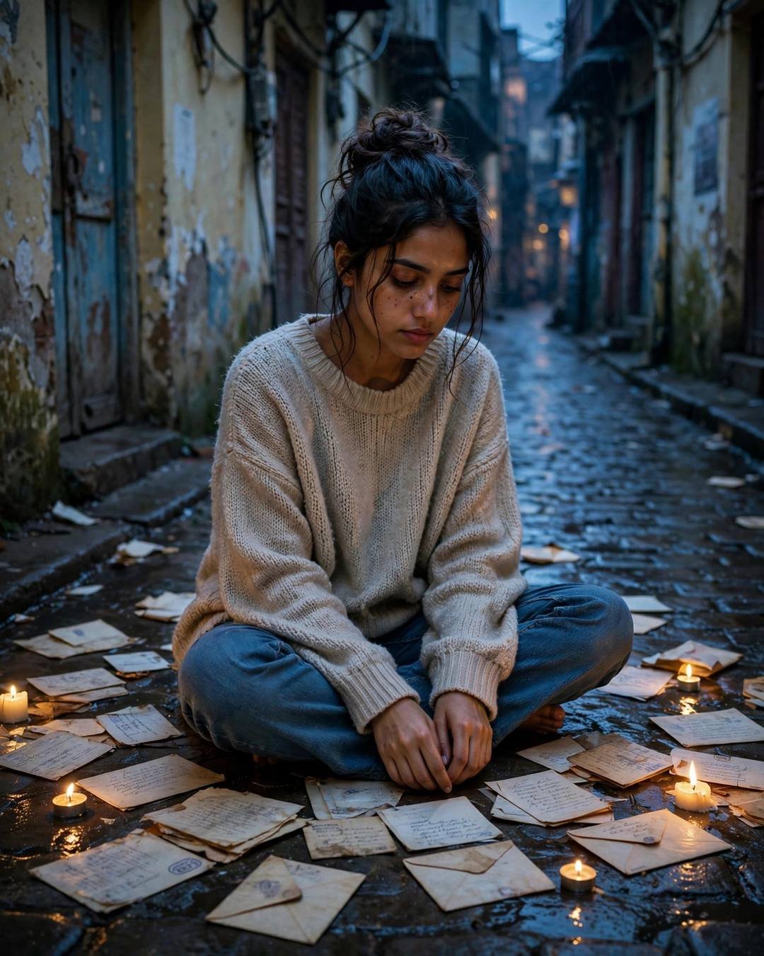 Young Indian woman sitting cross-legged in a rainy old-city lane among old letters and candles, beige sweater, reading in blue hour