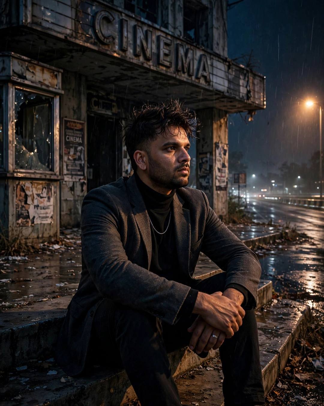 Young Indian man in charcoal blazer sitting on wet steps outside an abandoned cinema hall at night