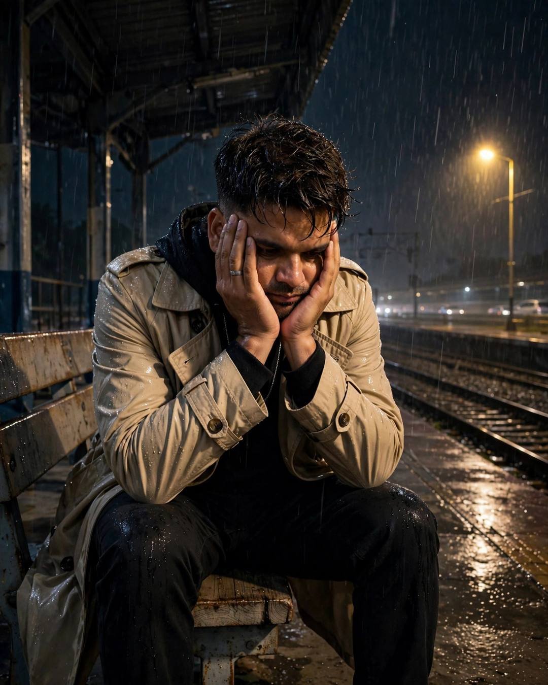 Young Indian man in beige trench coat sitting on a station bench with head in hands in heavy midnight rain