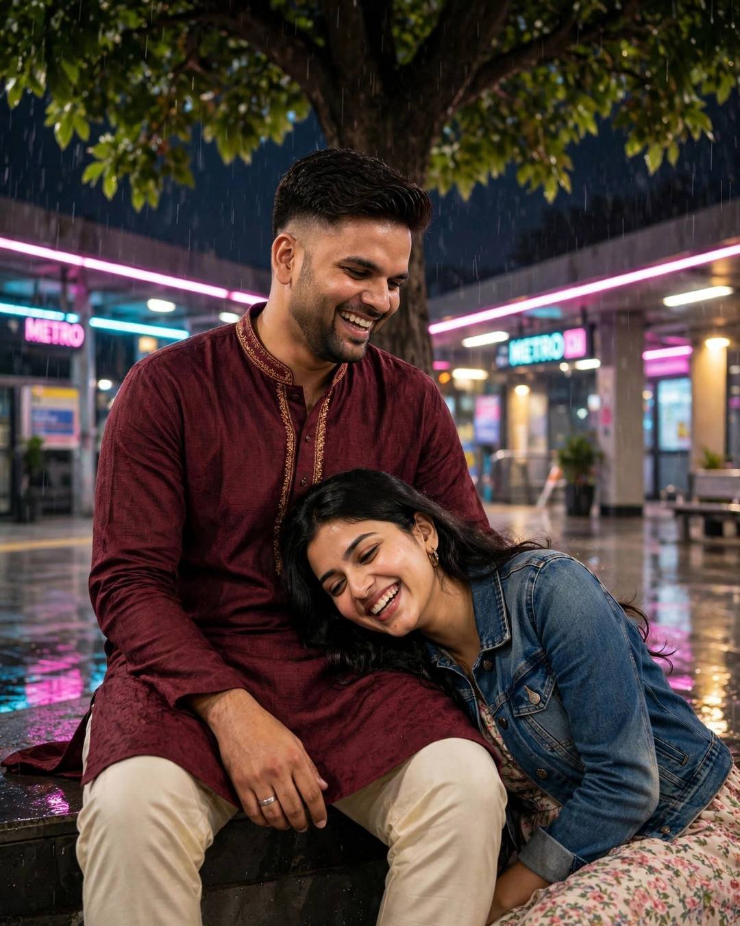 Laughing couple under a tree outside a midnight metro station, neon pink and cyan light, man in maroon kurta, woman in denim jacket and floral dress