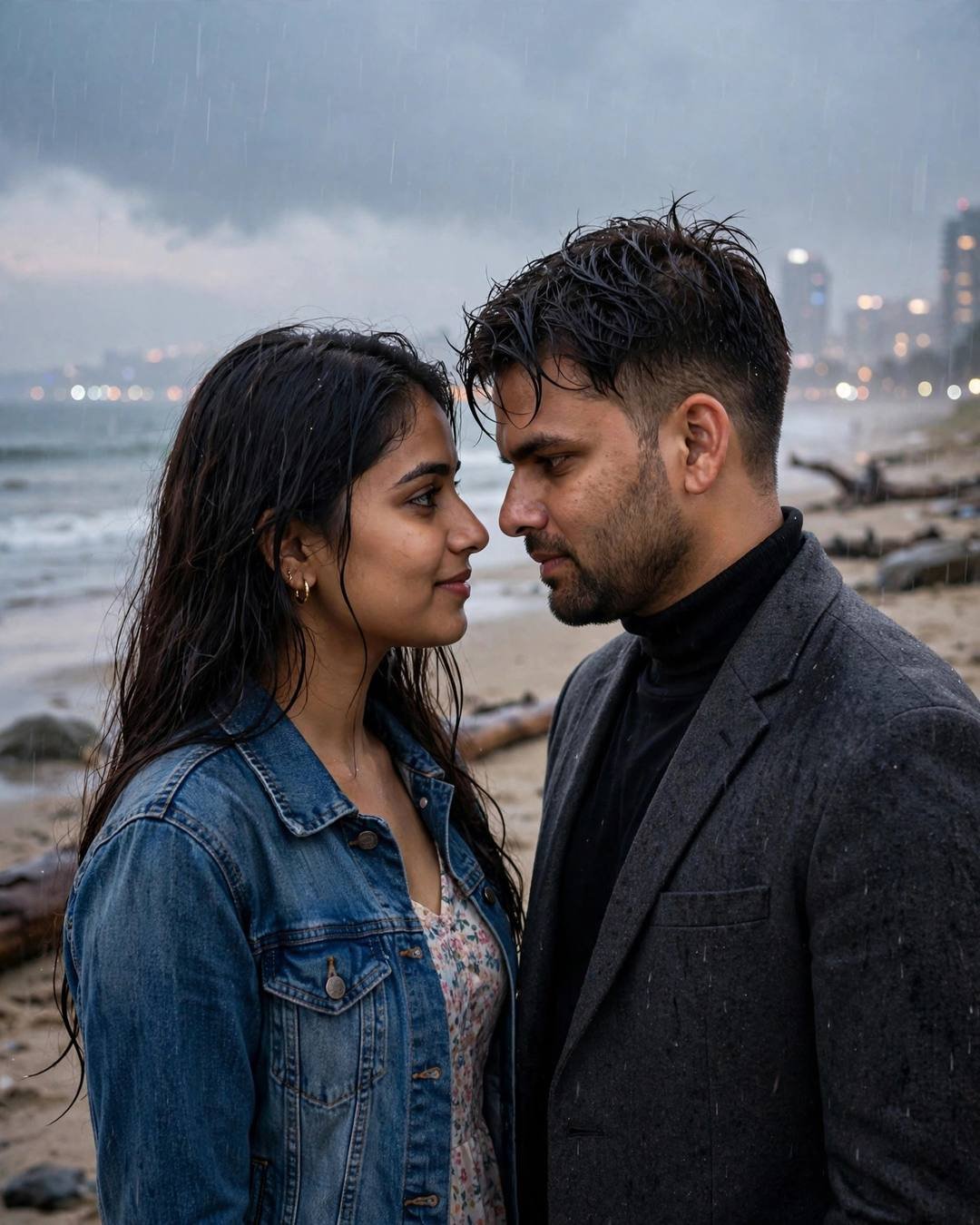 Couple face to face on a rainy beach at dusk, foreheads nearly touching, charcoal blazer, black turtleneck, denim jacket, floral dress