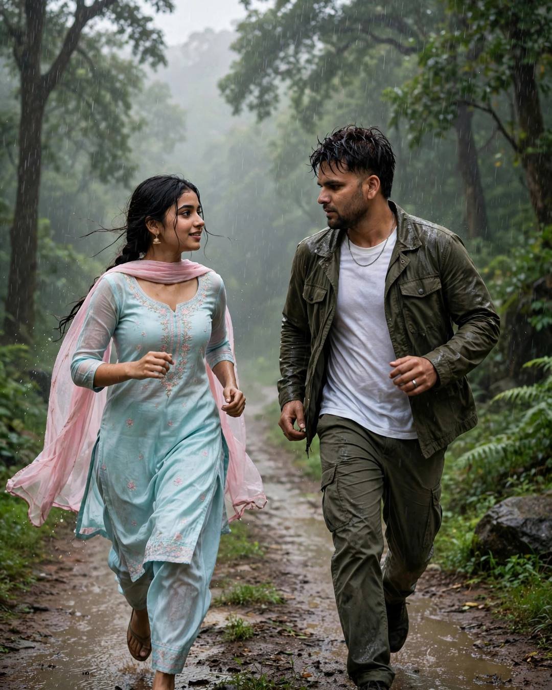 Couple running toward each other on a misty forest path in heavy rain, olive field jacket, pastel salwar-kameez with pink dupatta flying
