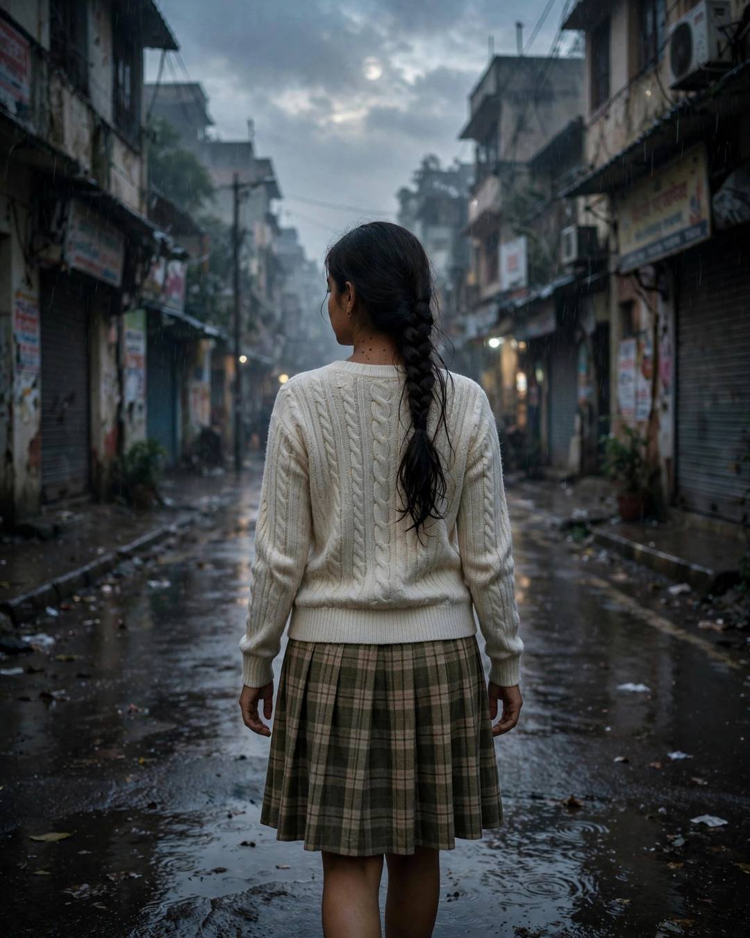 Young Indian woman in cream knit top and plaid skirt walking away down a rain-soaked street at dawn