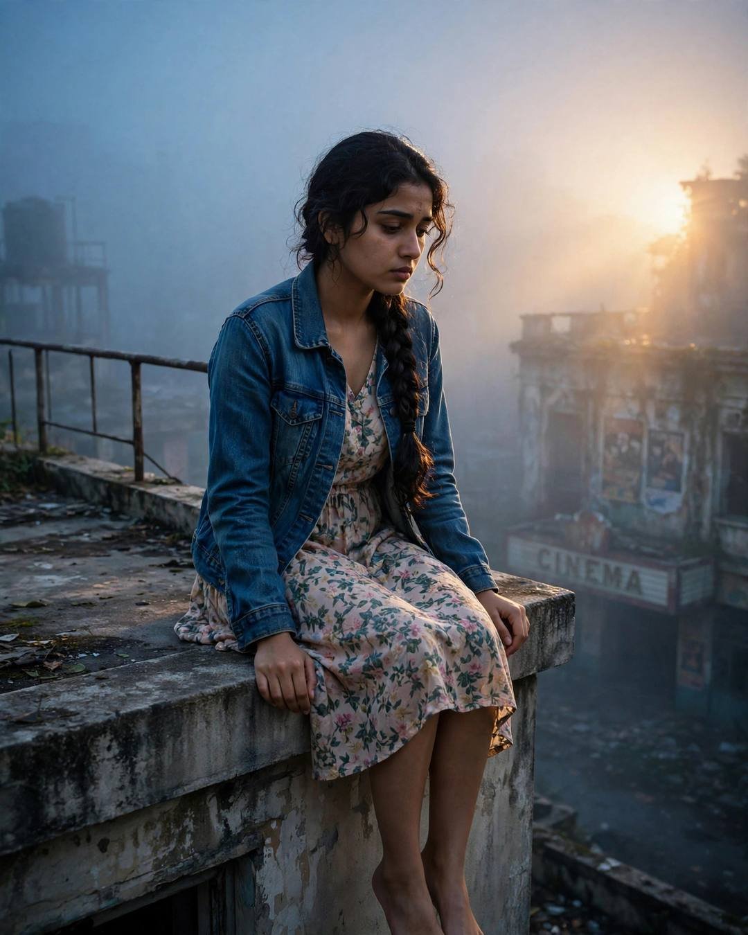 Young Indian woman in denim jacket and floral dress sitting on a foggy rooftop ledge above an old cinema hall