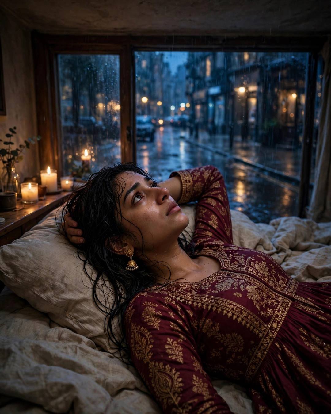 Young Indian woman in maroon anarkali with wet hair lying on a bed by candlelight, rain-streaked window behind