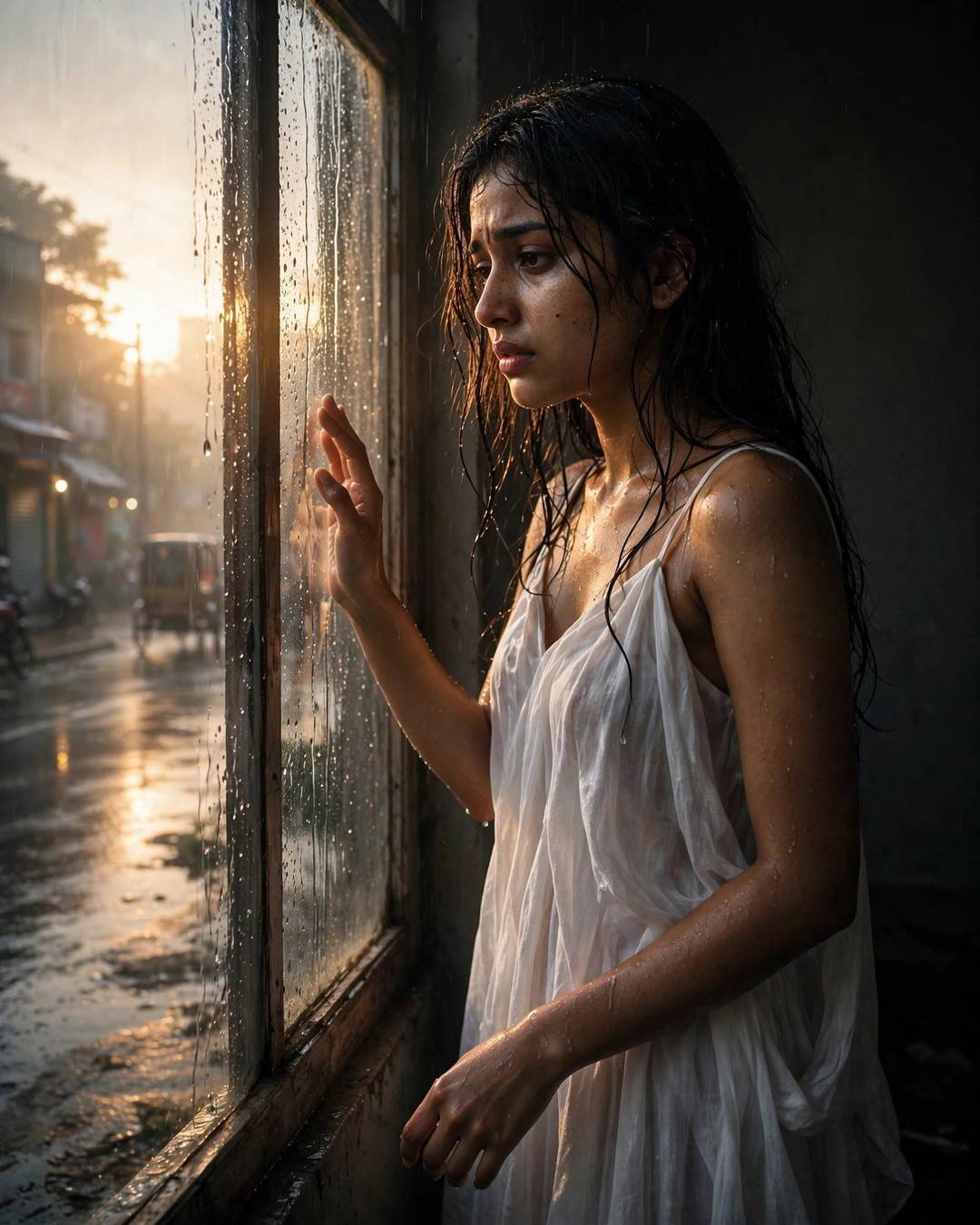 Young Indian woman in a white summer dress with wet hair, hand on rain-streaked glass at dawn