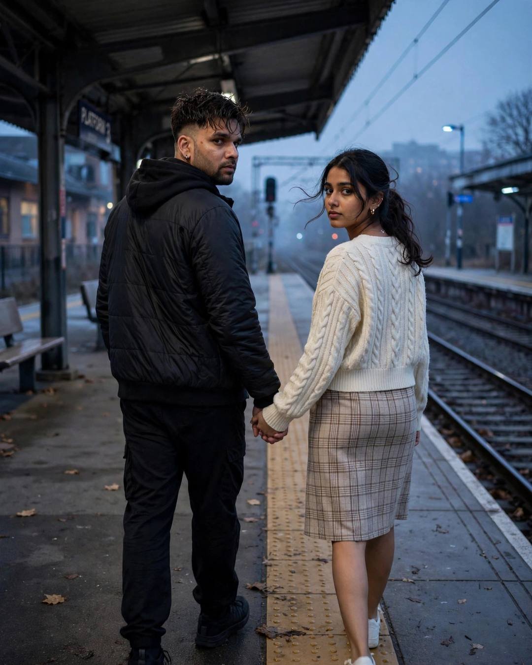Couple walking hand in hand away from camera on an empty night platform, both looking back