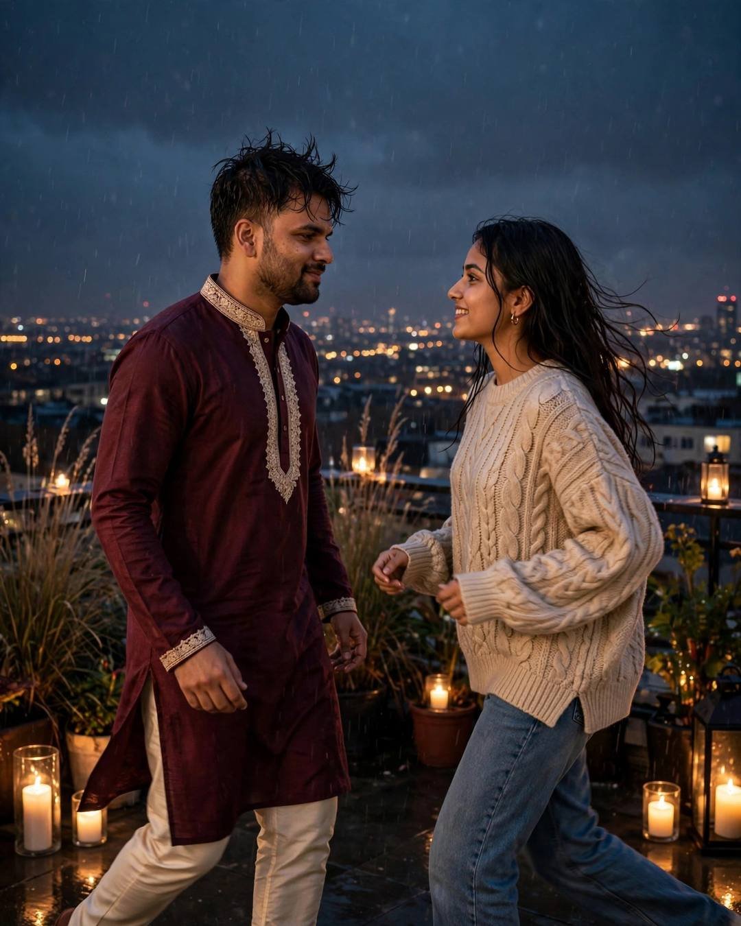 Couple running toward each other on a candlelit rooftop above city lights at night — maroon kurta and beige sweater