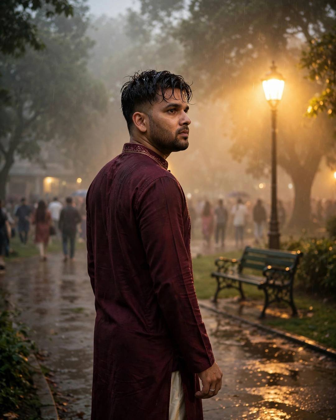 Young Indian man in maroon kurta looking over his shoulder at a park bench in dense fog, crowd behind