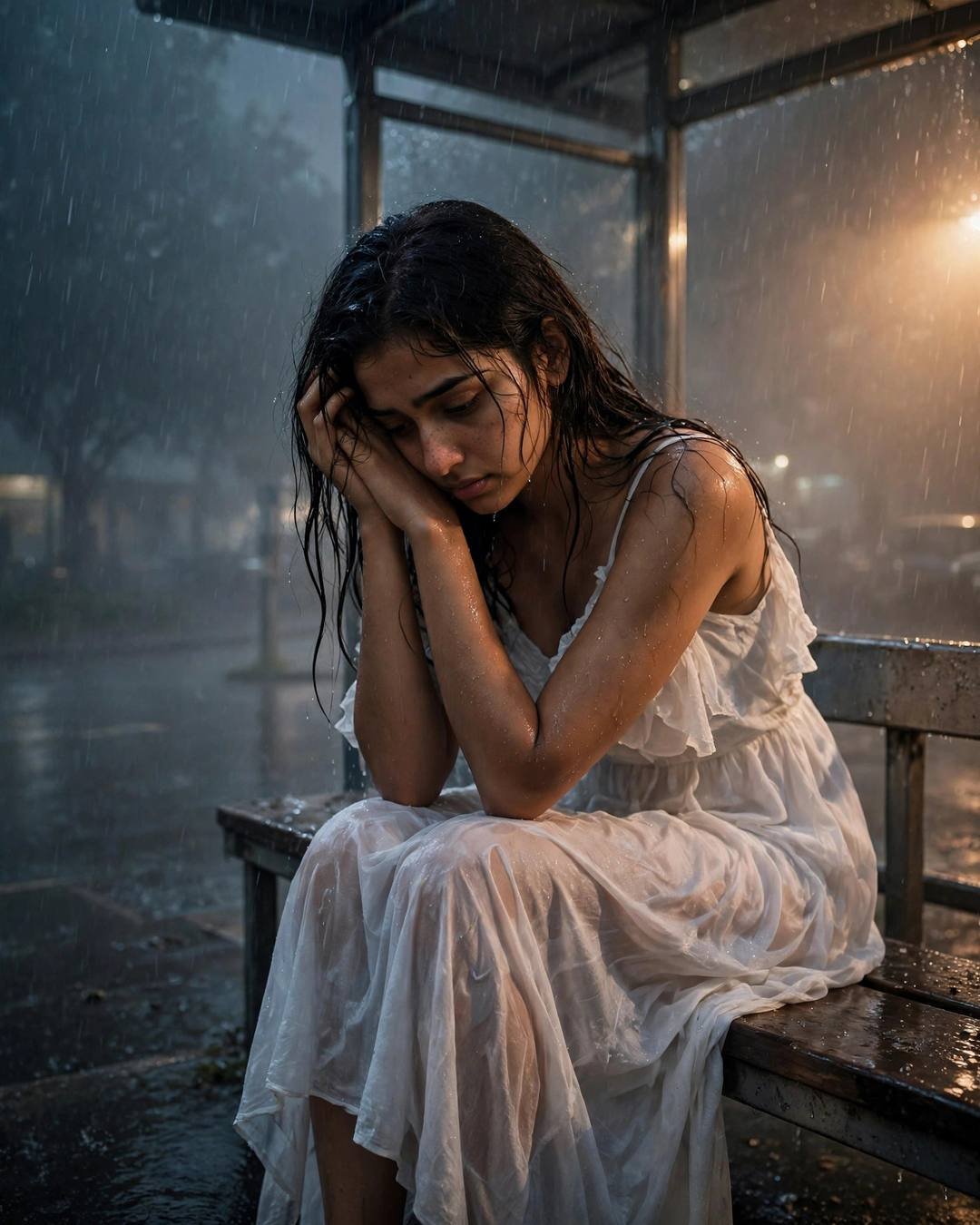 Young Indian woman in a white summer dress with head in hands at a rainy bus stop at midnight