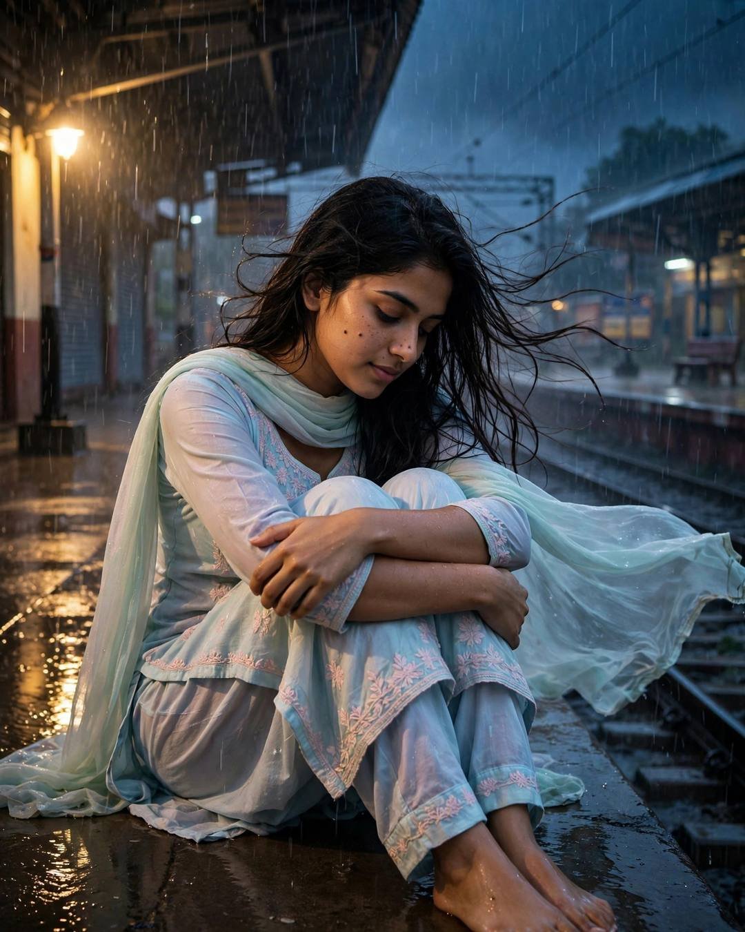 Young Indian woman in pastel salwar-kameez sitting with knees drawn up on a rainy railway platform at night