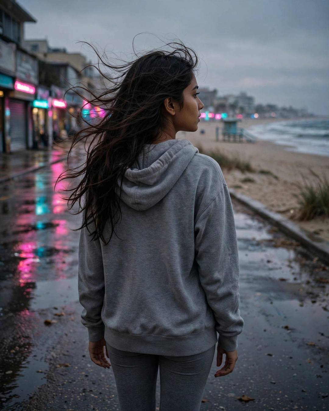Young Indian woman in grey hoodie looking over her shoulder on a neon-lit beach promenade at dusk