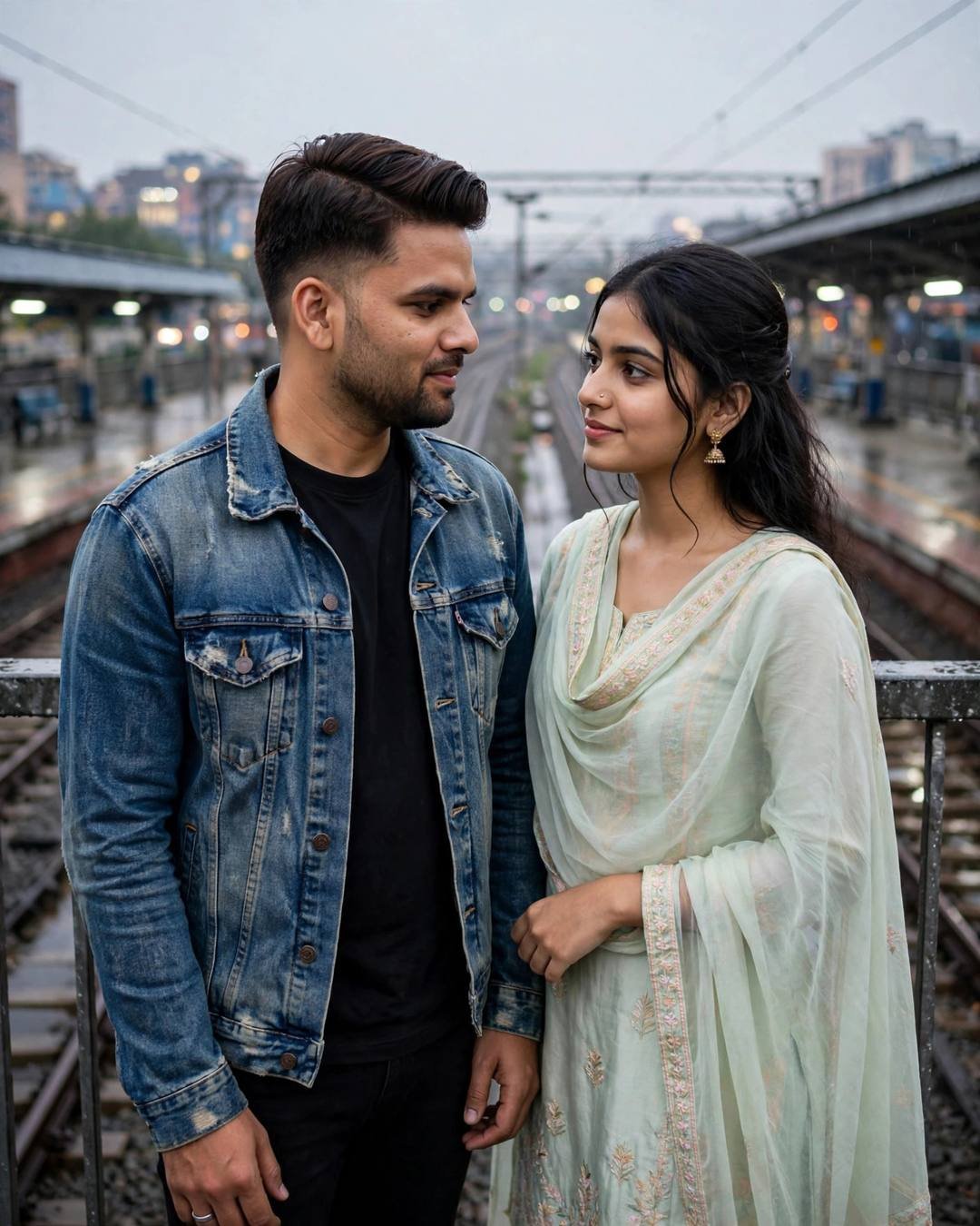 Couple standing close on an empty railway platform at golden hour — denim jacket and pastel salwar