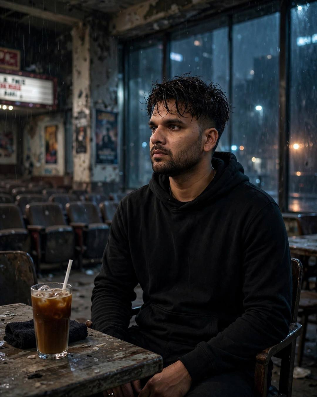 Young Indian man in black hoodie at a cafe table in an abandoned cinema hall, cold coffee beside him