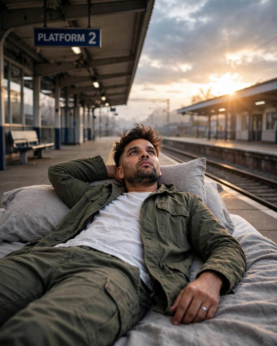 Young Indian man in olive field jacket lying on pillows on an empty railway platform at dawn, one arm behind his head