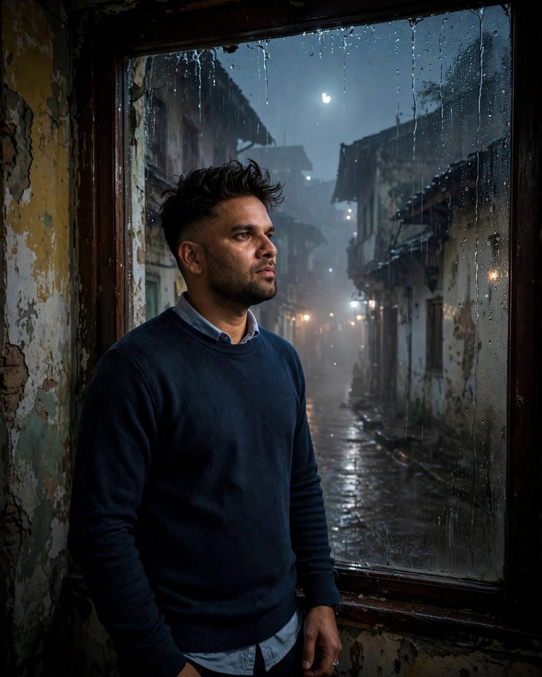 Young Indian man in navy sweater at a rain-streaked window, one hand on the glass, in dense fog