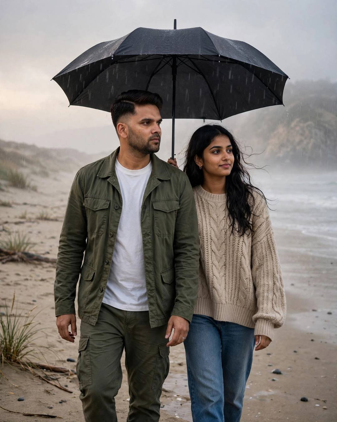Couple walking under a single black umbrella on a deserted beach in drizzle at dusk, man in olive field jacket, woman in beige cable-knit sweater