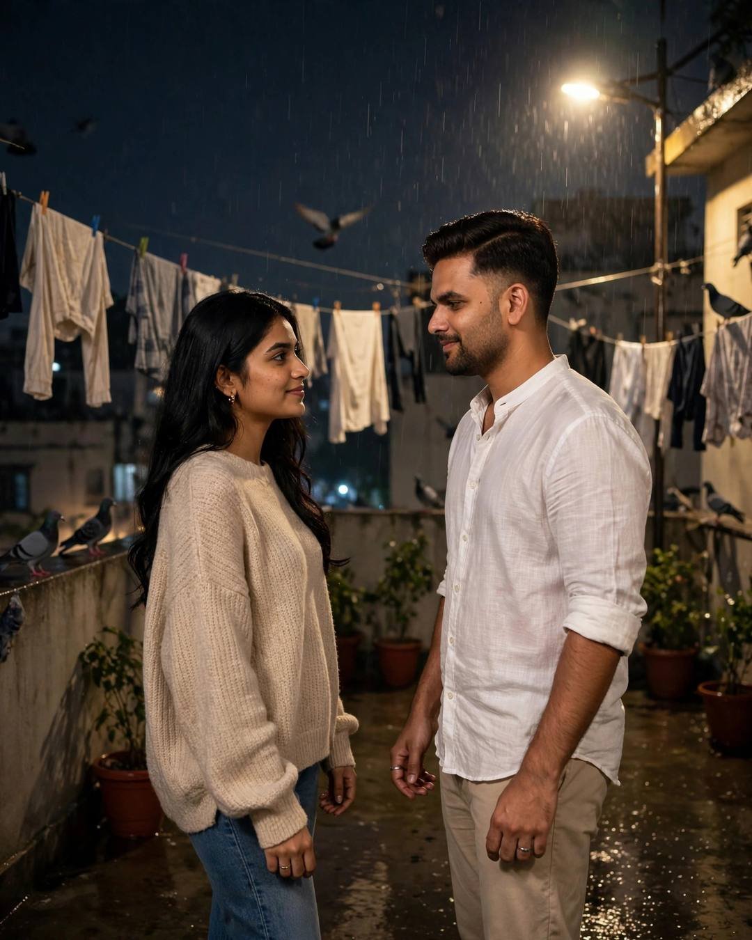 Couple dancing slowly on a terrace at midnight in drizzle, clothes lines and pigeons behind them, warm sodium streetlamp light