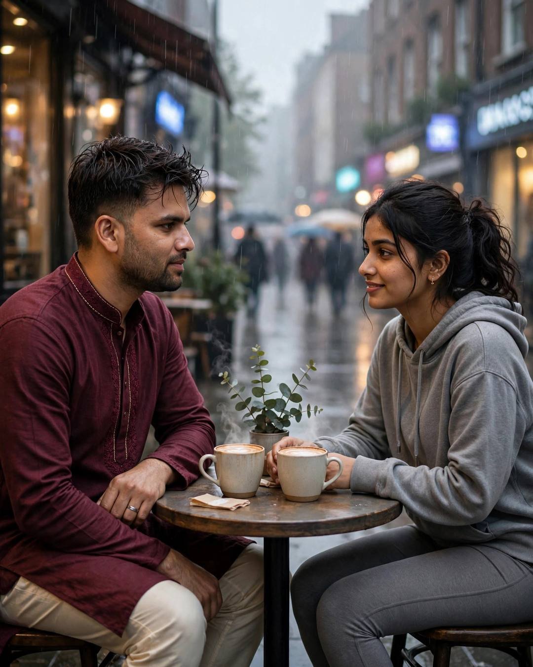 Couple seated across a small cafe table on a rain-soaked street at dawn, man in maroon kurta, woman in grey hoodie, hands nearly touching