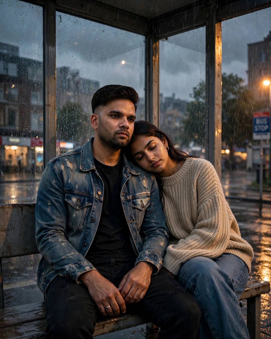 Couple on a bench at a rainy bus stop, woman asleep on man's shoulder, denim jacket, beige sweater, dramatic side light
