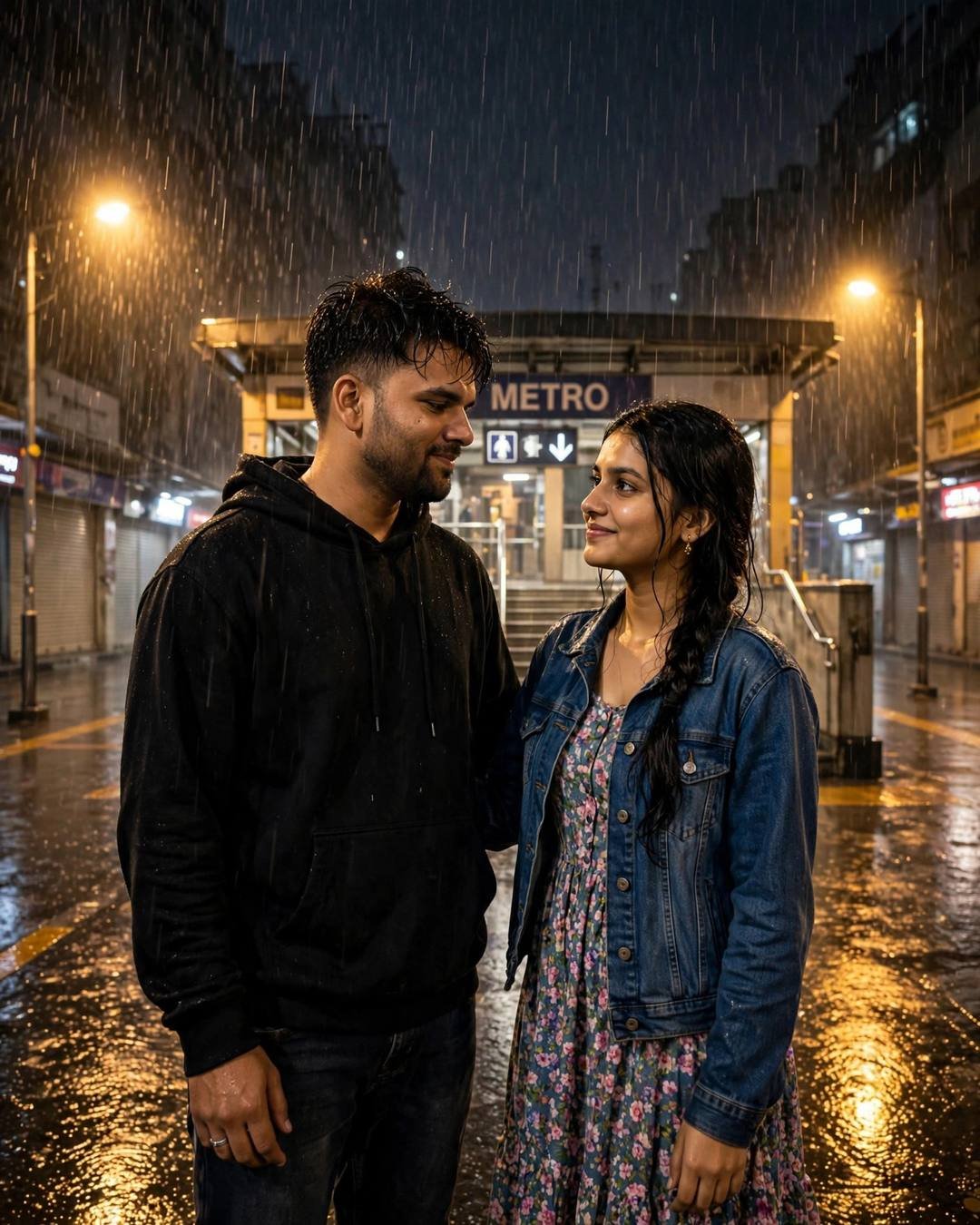 Couple dancing slowly in an empty street outside a metro station at midnight in heavy rain, black hoodie, denim jacket, floral dress, sodium lamps
