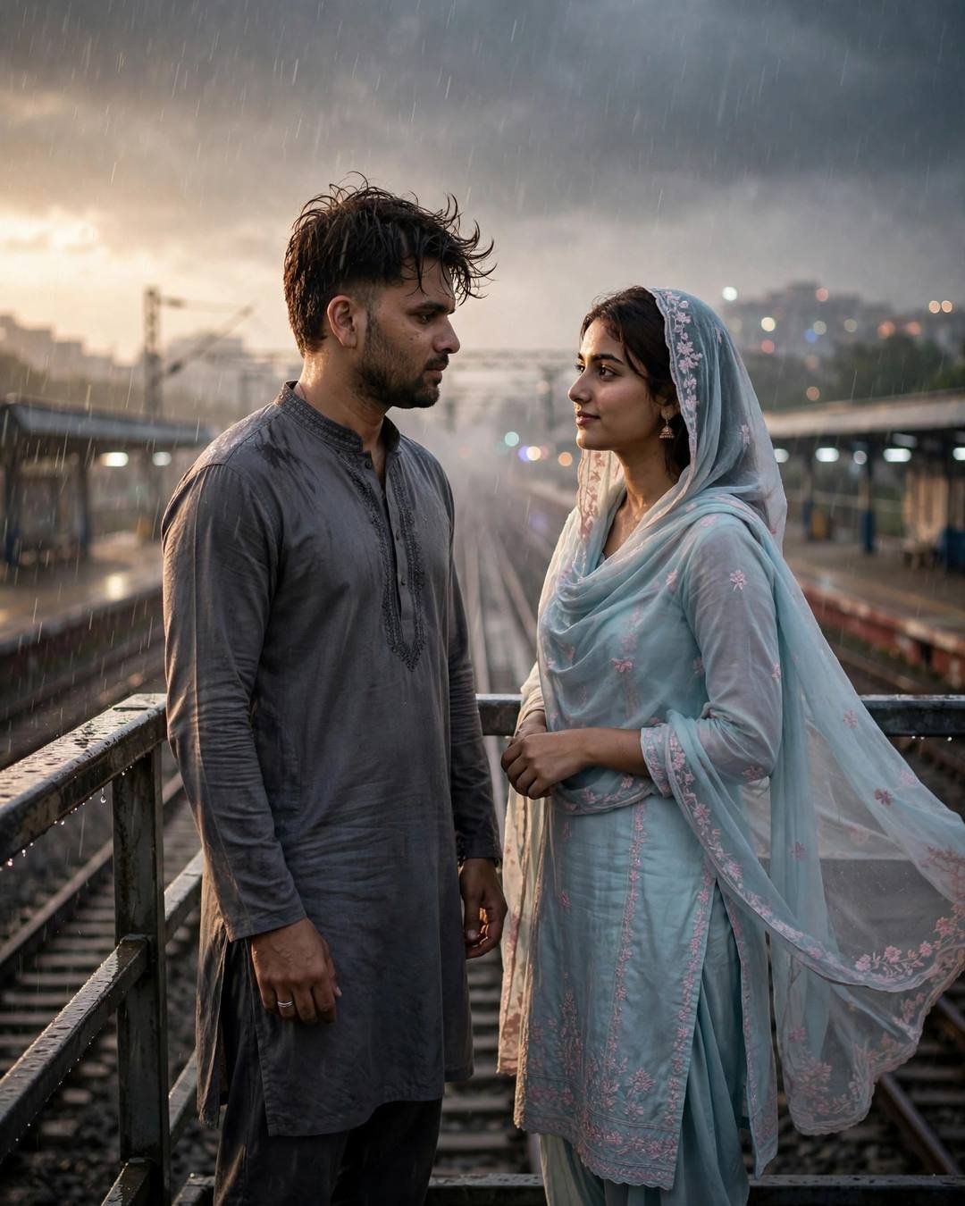 Couple facing each other on a rainy railway footbridge at dawn, grey kurta, pastel salwar with dupatta flying, dramatic side light