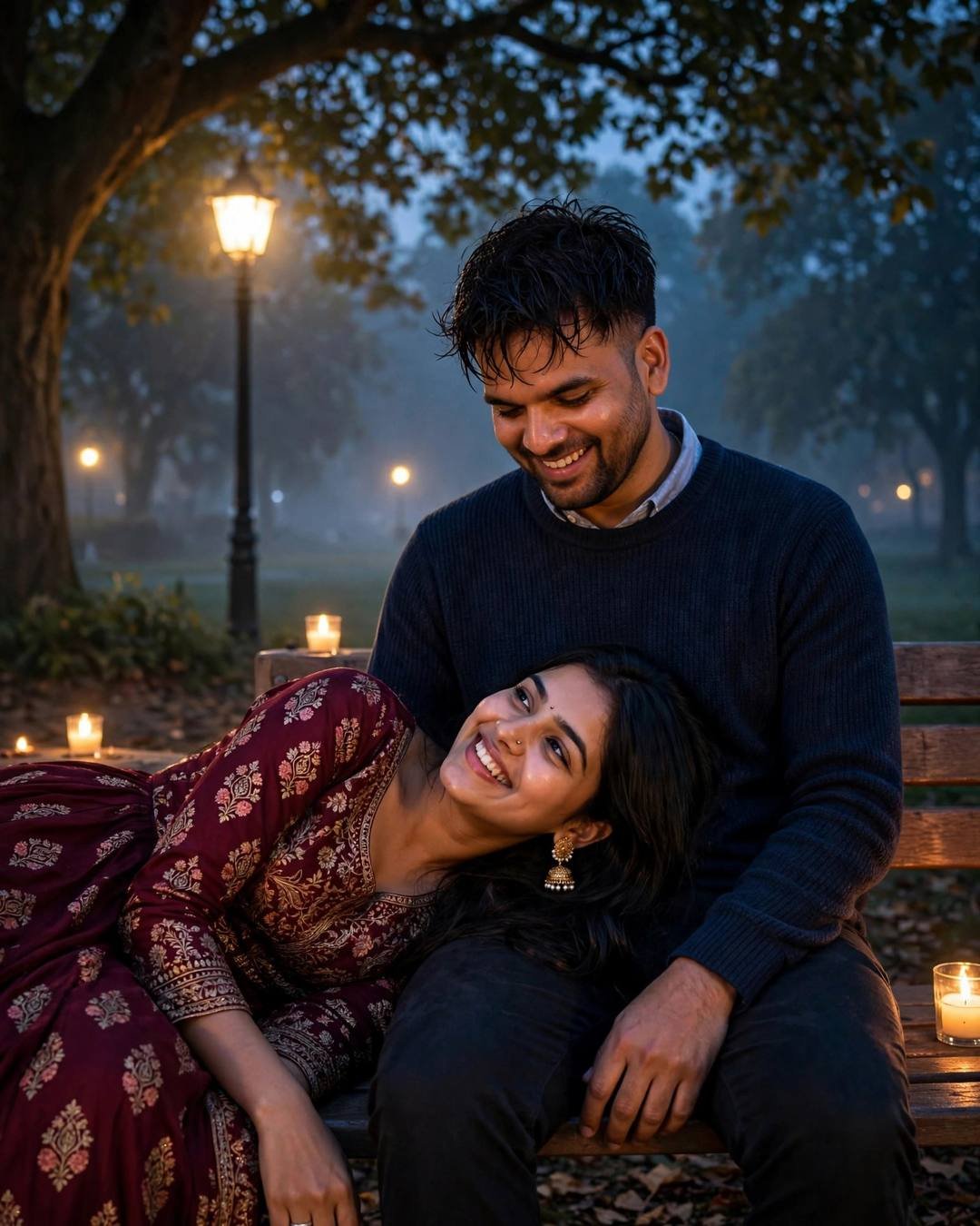 Laughing couple on a park bench at night under a lone lamp, navy sweater, maroon anarkali with jhumkas, candles glowing around