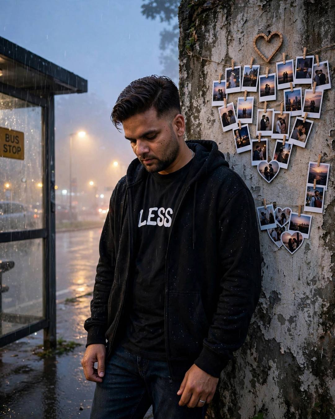 Man in a black hoodie leaning against a weathered wall at a foggy bus stop, polaroid photos arranged in a heart shape on the wall beside him