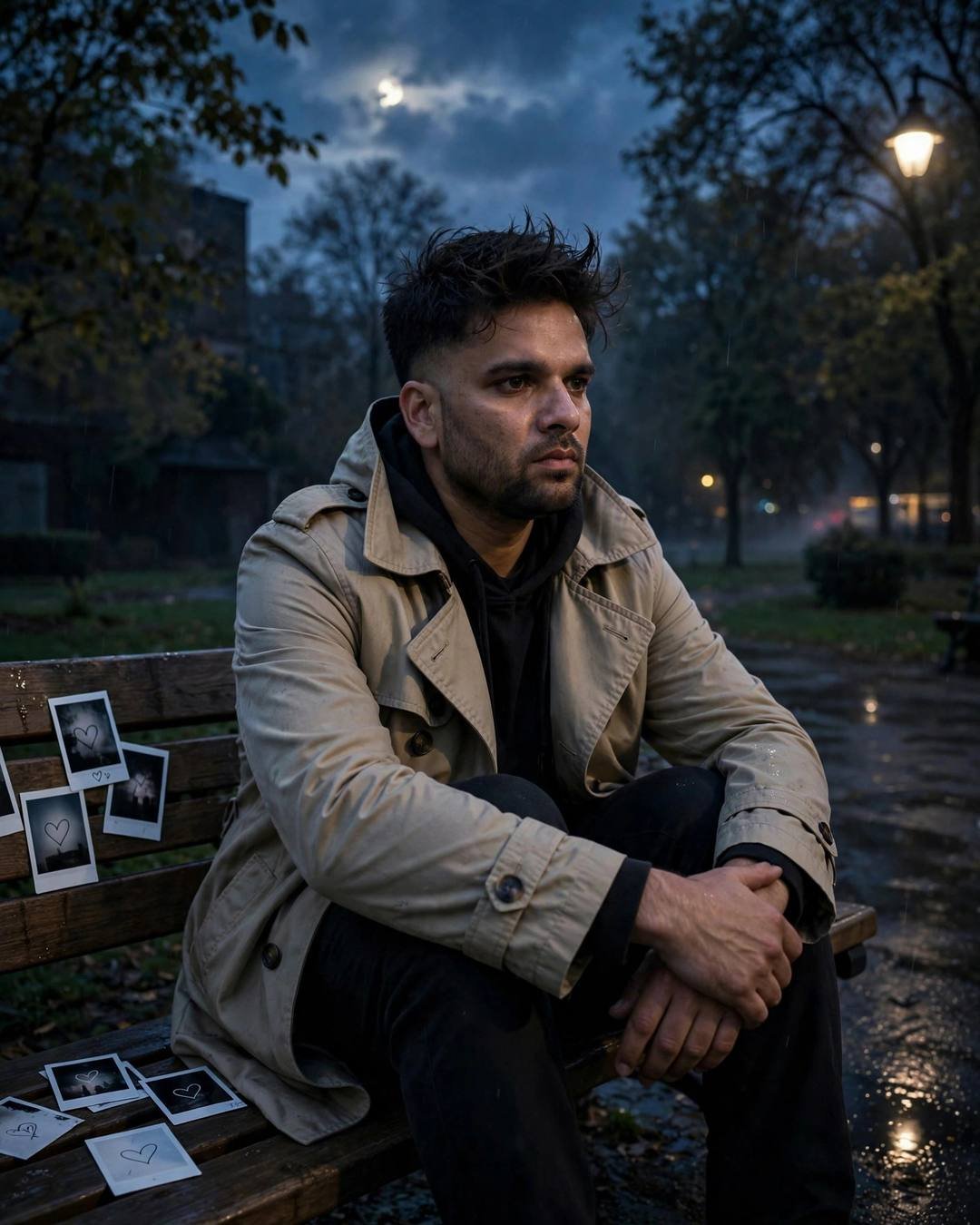 Man in a beige trench coat sitting on a park bench at night with knees drawn up, lone lamp and moonlit clouds, polaroid photos with hearts on the bench