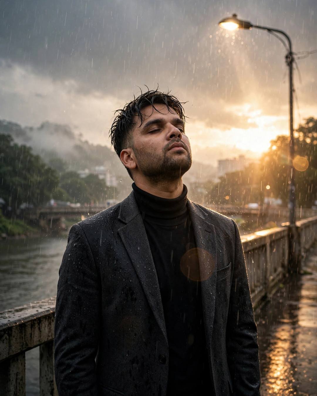Young Indian man in charcoal blazer under a streetlamp in heavy monsoon rain on a bridge, face lifted to the sky