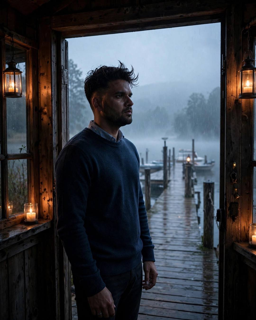 Young Indian man in navy sweater in a lantern-lit wooden doorway overlooking a rainy lake pier at dawn