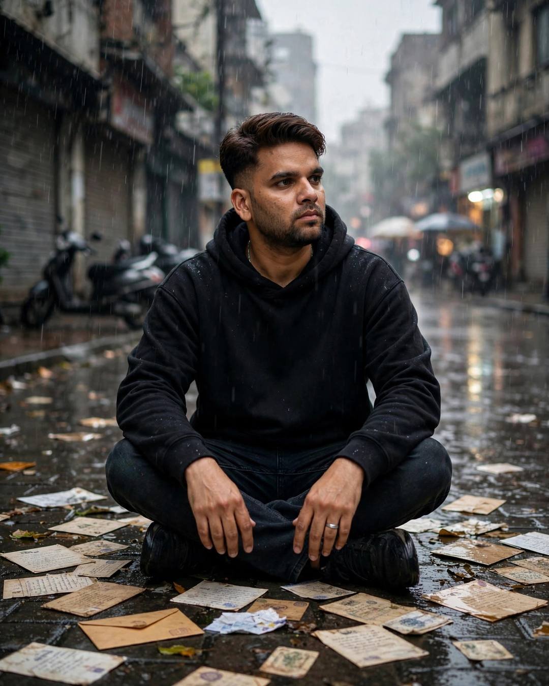 Man in a black hoodie sitting cross-legged on a rain-soaked city street reading old letters, drizzle, overcast daylight