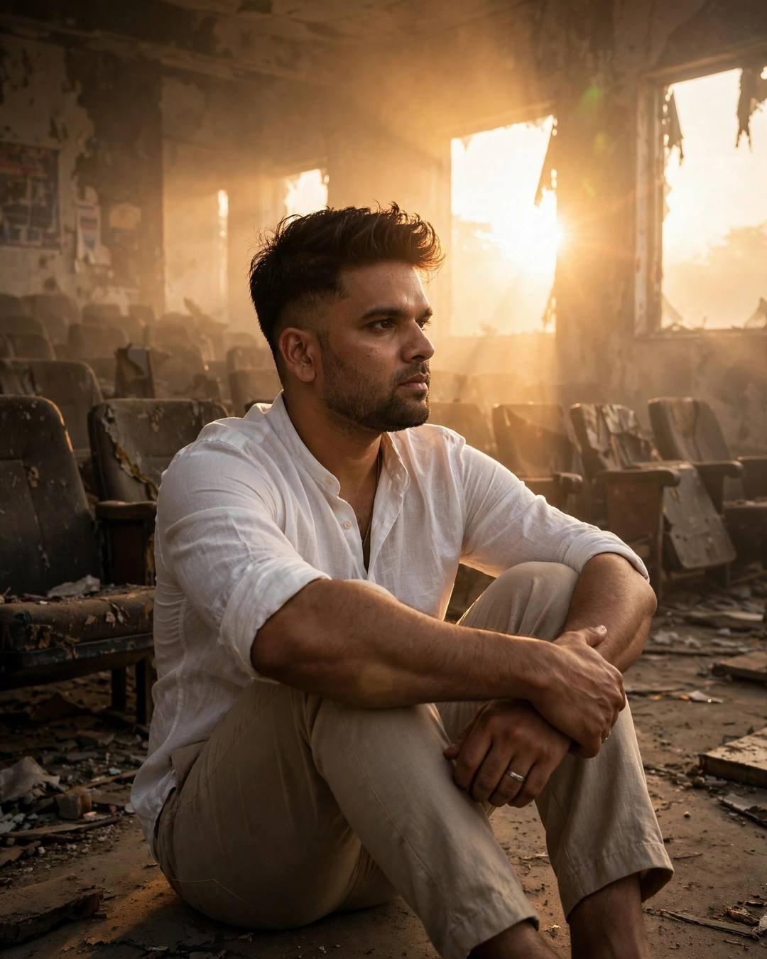 Man in a white linen shirt sitting with knees drawn up in an abandoned cinema hall, golden-hour light streaming through broken windows
