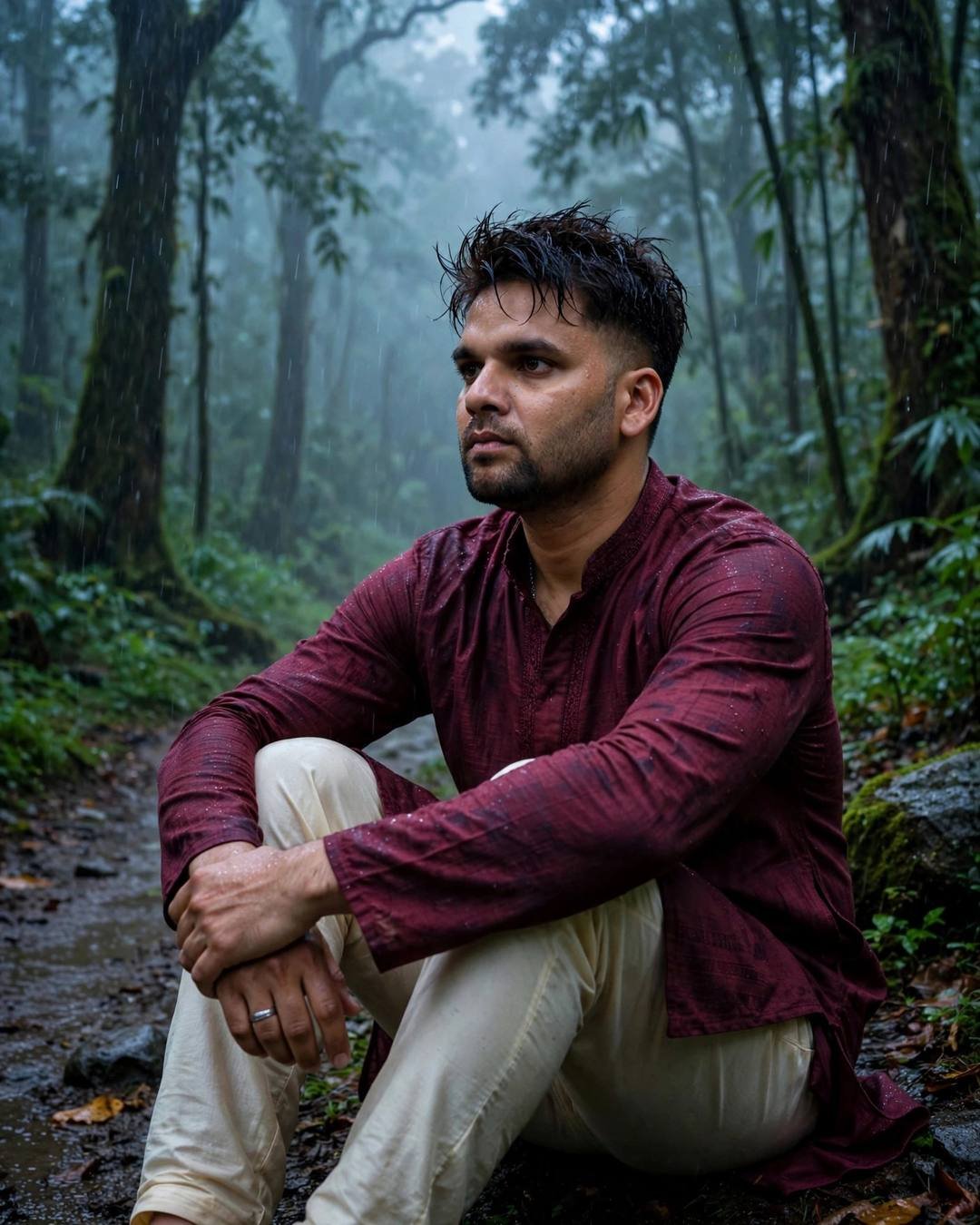 Man in a maroon kurta sitting with knees drawn up on a misty forest path in heavy rain, blue-hour glow through the fog