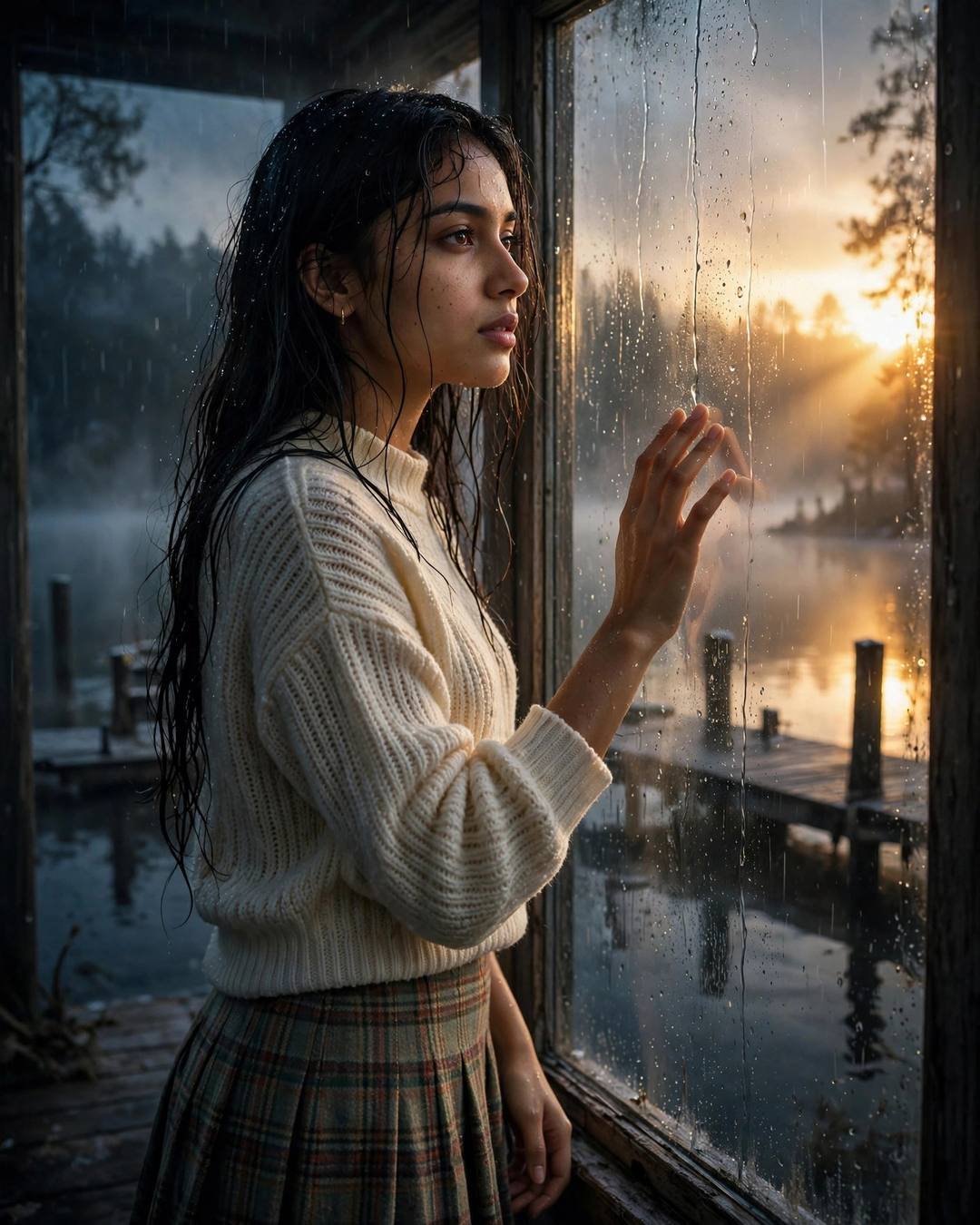 Young Indian woman in a cream knit top standing at a rain-streaked window at a lake pier at dawn, hand on the glass, golden mist beyond