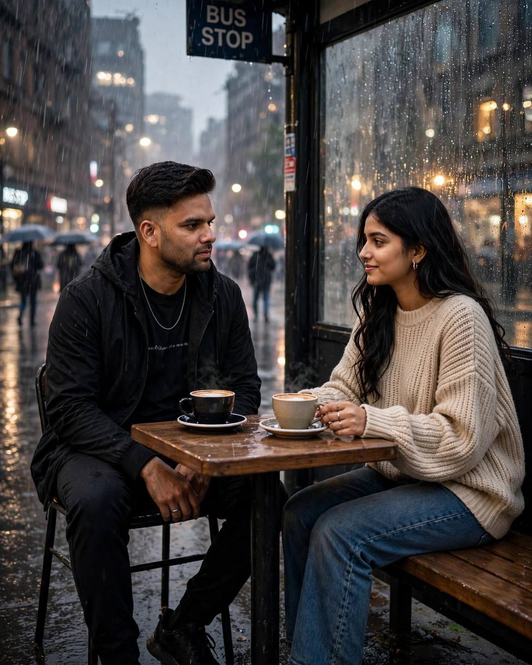 Young Indian couple sitting across a small cafe table at a rainy bus stop with coffee cups, heavy rain outside