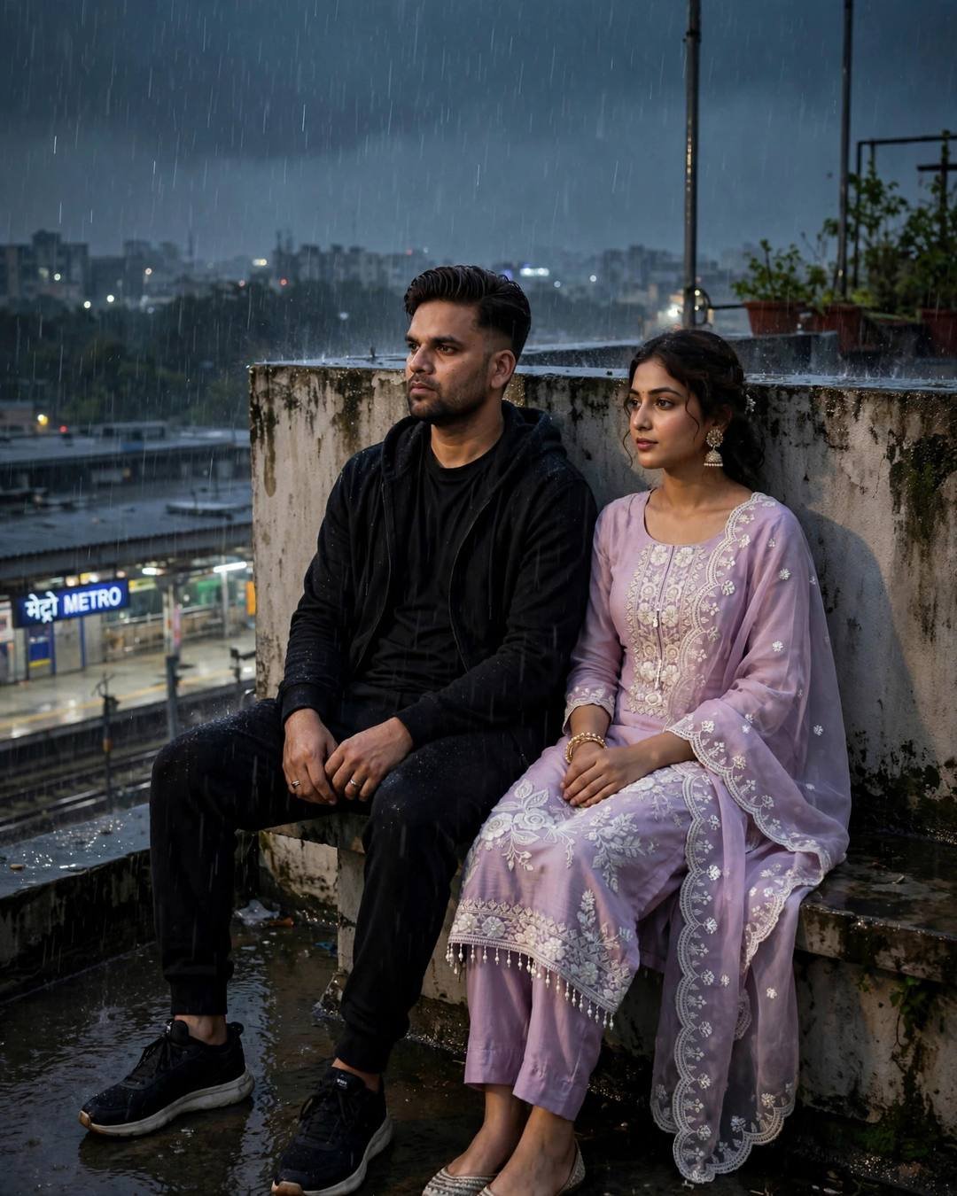 Young Indian couple sitting on a rainy rooftop ledge above a metro station, man in black streetwear, woman in pastel salwar-kameez