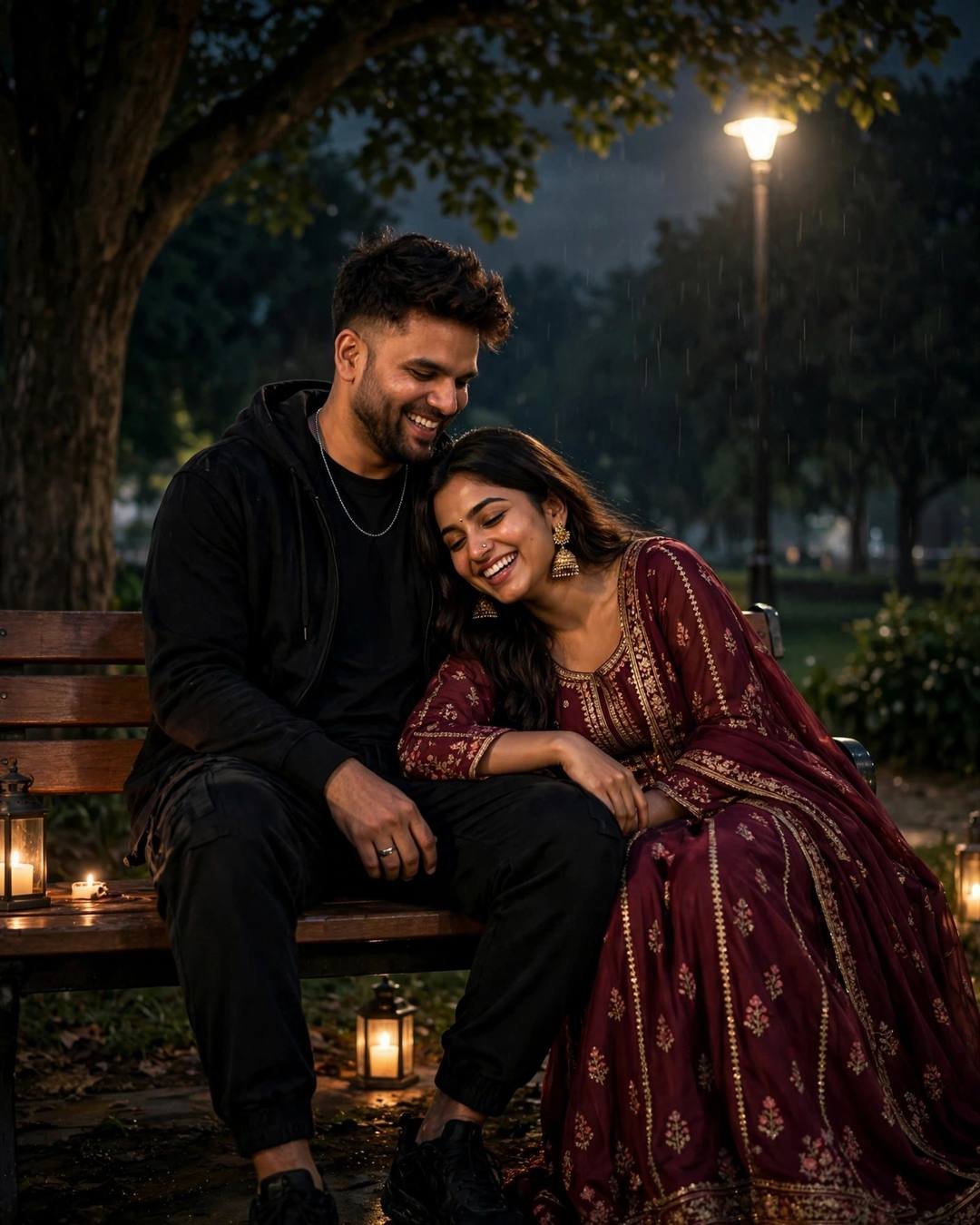 Young Indian couple laughing on a park bench at night in the rain, lanterns glowing around them