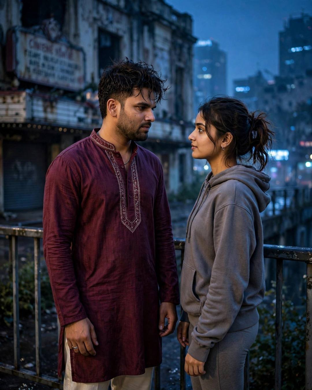 Young Indian couple facing each other on a bridge at blue hour, abandoned cinema behind, city glowing