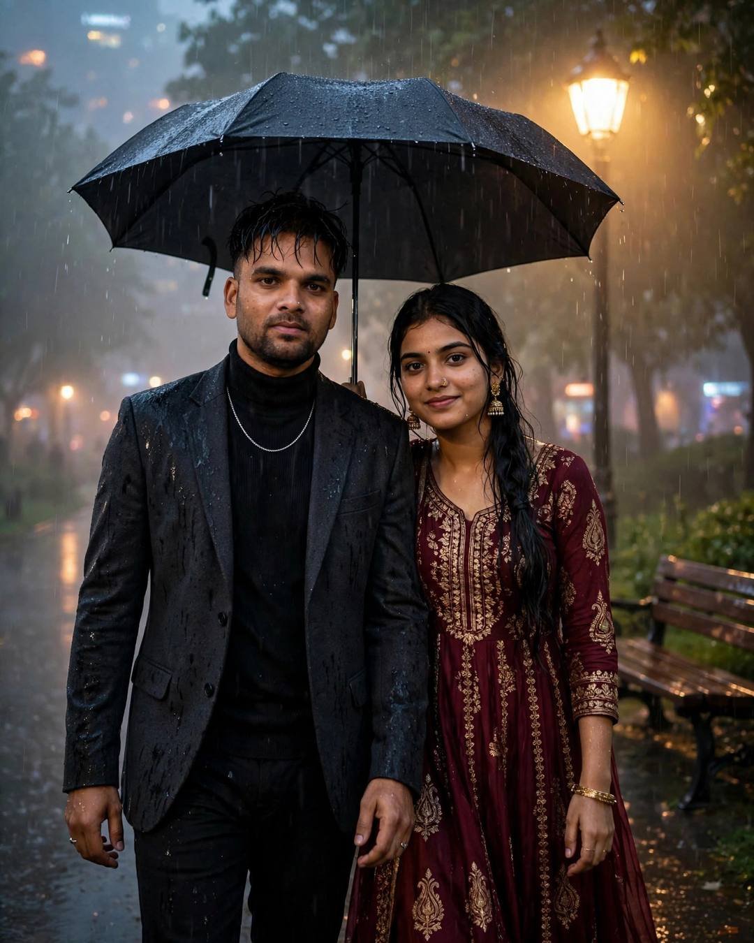 Young Indian couple walking under one umbrella in a foggy rainy park at night, lamppost glowing through fog