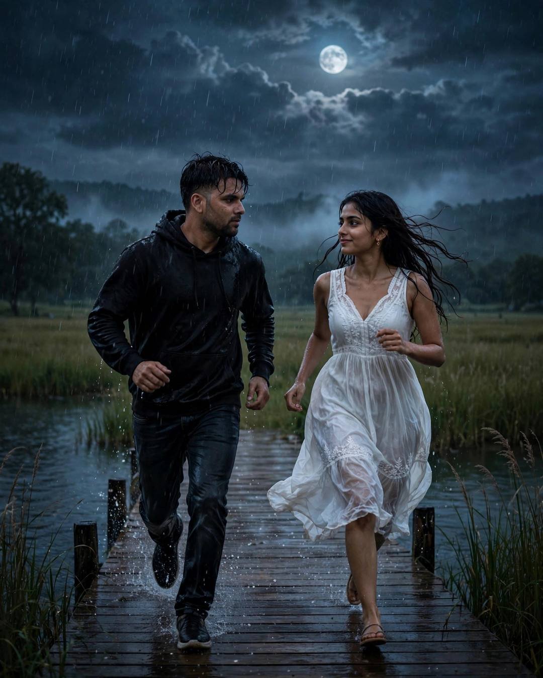 Young Indian couple running on a wooden pier in the moonlit rain, woman in flowing white dress, full moon