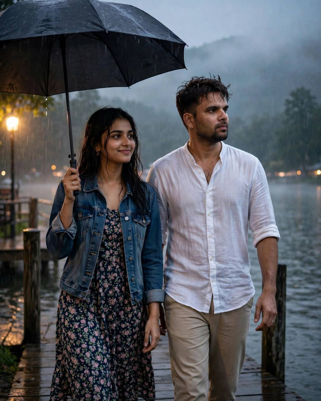 Young Indian couple walking on a misty wooden pier at dusk under one umbrella, woman holding it