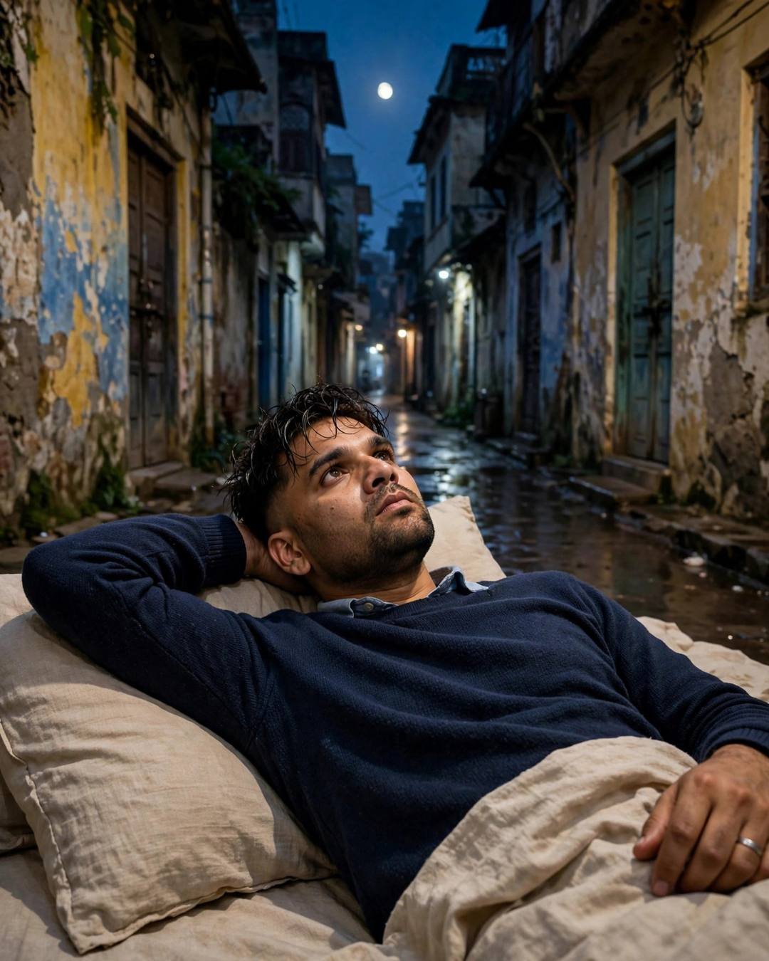 Young Indian man in a navy sweater lying on a bed in a moonlit old-city lane, one arm behind his head