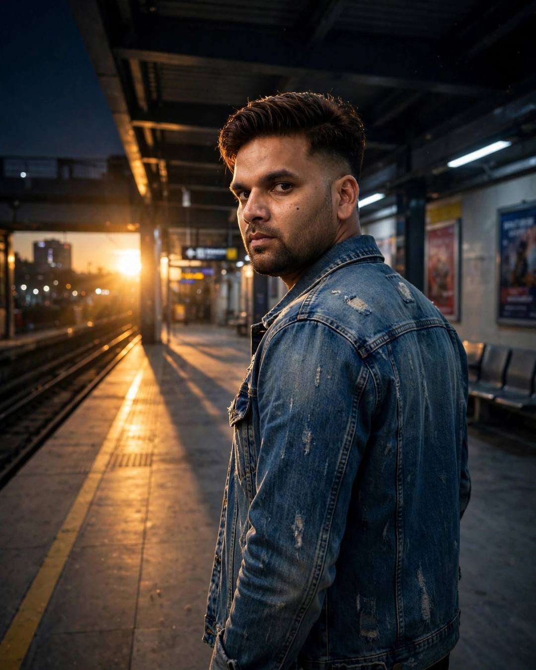 Young Indian man in distressed denim jacket looking back over his shoulder on a metro platform in golden light
