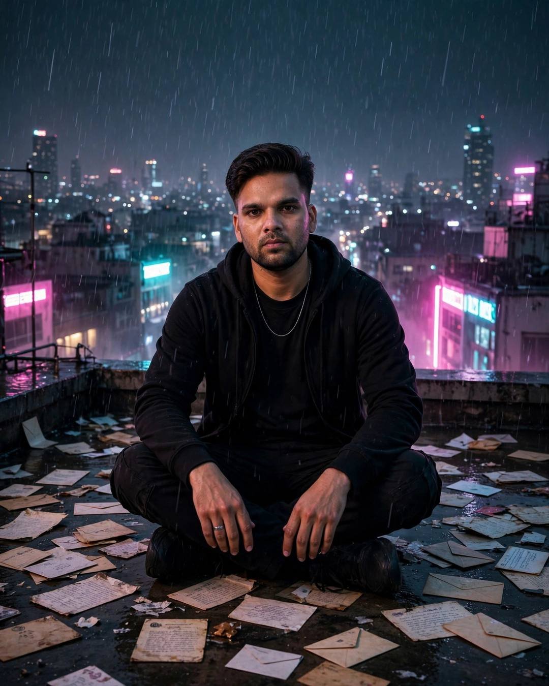 Young Indian man in all-black streetwear sitting cross-legged among old letters on a rainy rooftop above a neon city